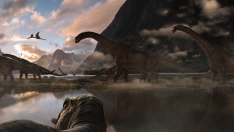 jurassic park dinosaur background landscape with different species, prehistoric ecosystem animation