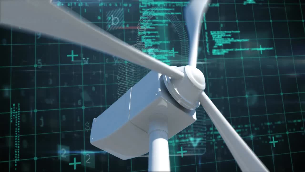 animación de la turbina eólica sobre el procesamiento de datos en fondo negro