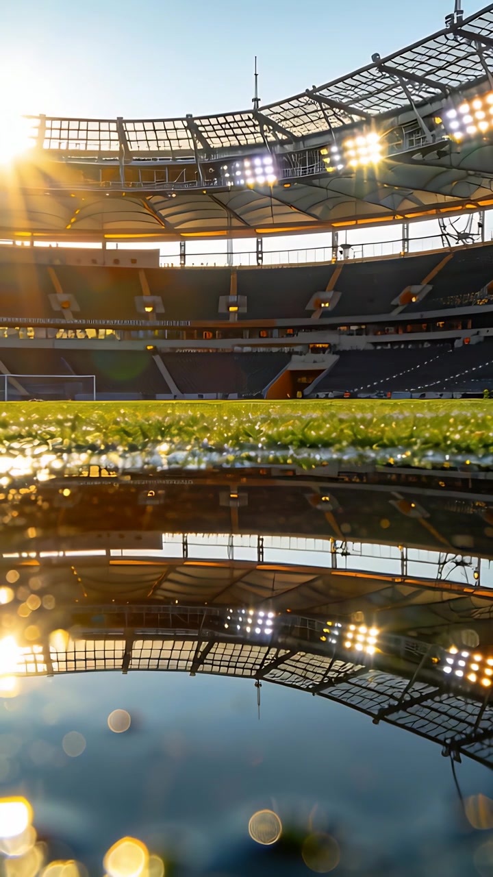 Vertical video: Panning camera over puddle reflecting roof and lights at arena, capturing glow