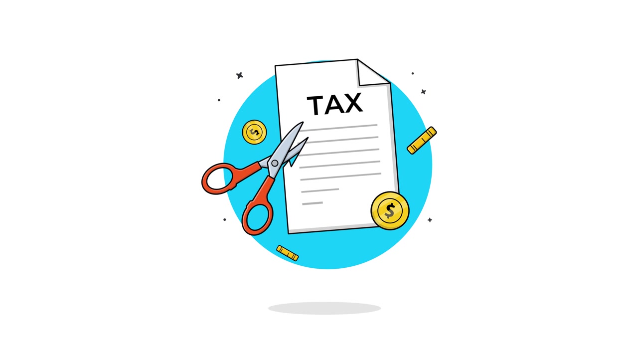 Illustrazione animata di forbici che tagliano un documento fiscale con denaro.