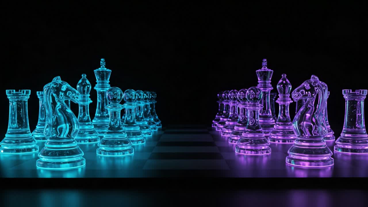 Scacchi illuminati: un sorprendente contrasto visivo di pezzi di vetro in vivaci tonalità di blu e viola su una scacchiera minimalista scura