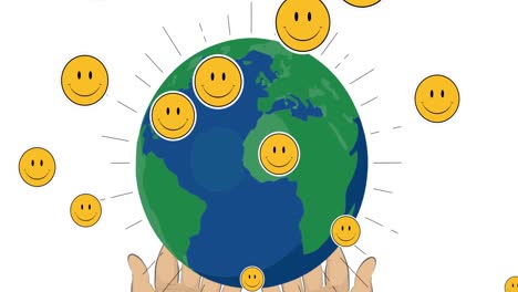 Animation-of-smiling-emoticons-over-hands-holding-globe-on-white-background