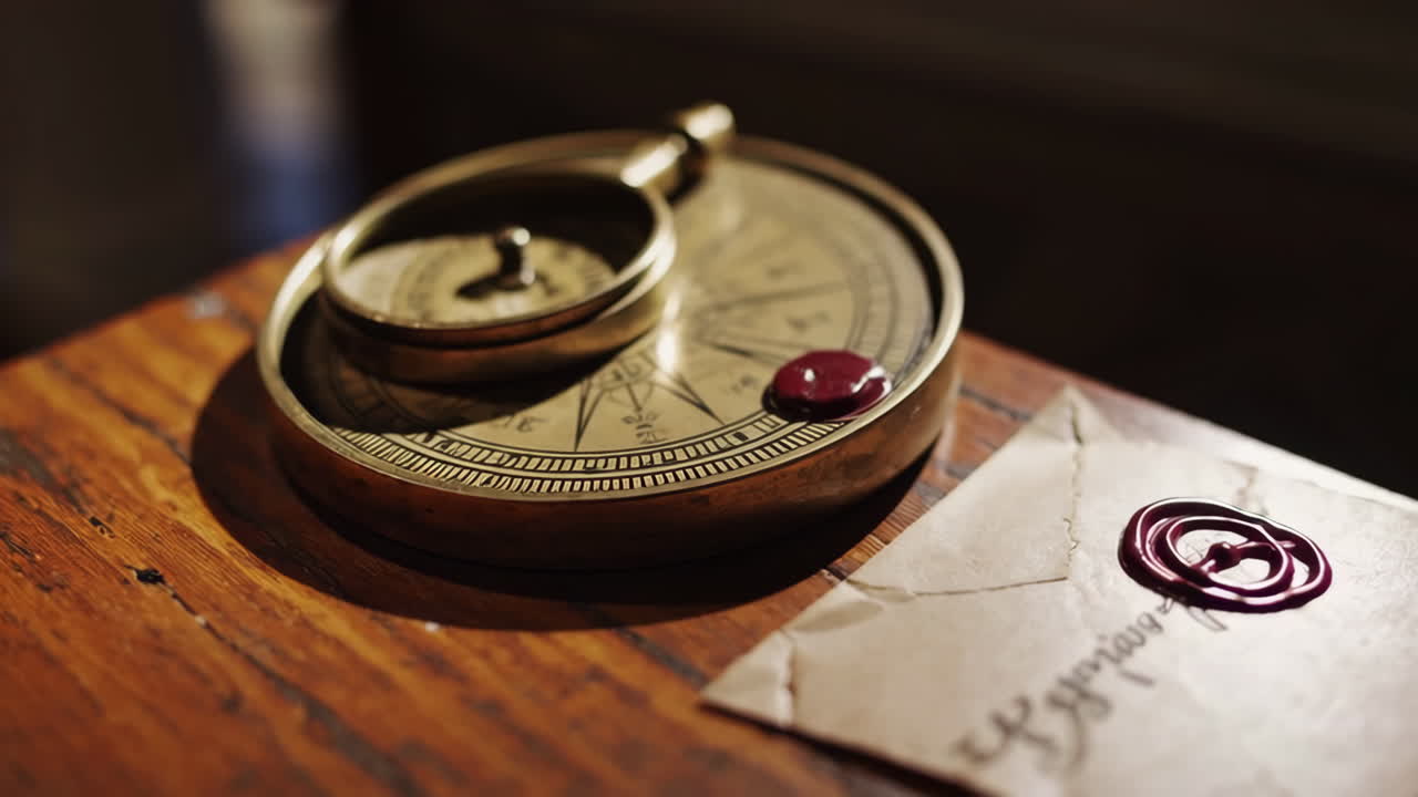 Antique Compass and Sealed Letter on Wooden Table
