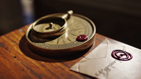 antique compass and sealed letter on wooden table