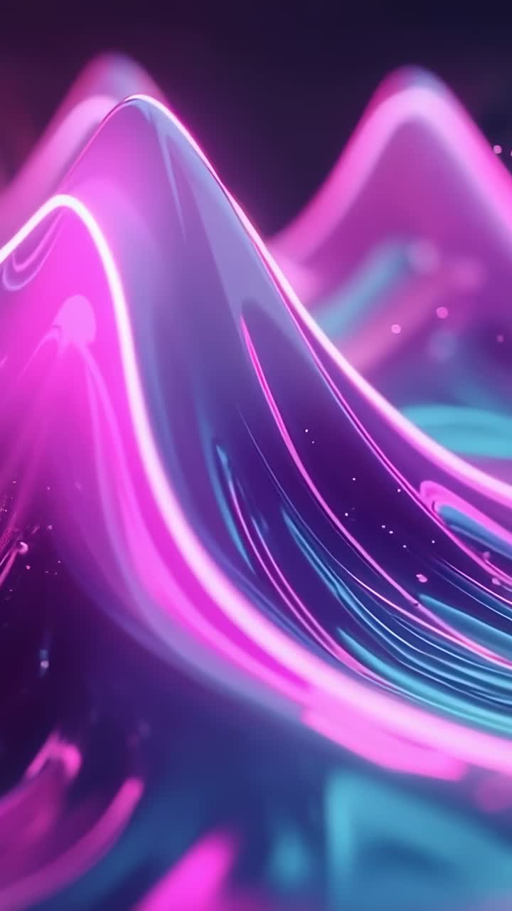 Vertikální video: Otevírací neonový tvar vlny se rozjasňuje, vlní se pod zoomem, unášené částice