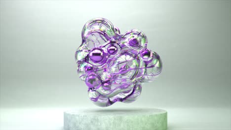 Translucent-purple-bubbles-in-3D-animation,-levitating-over-a-stone-plinth-with-a-soft-focus-grey-backdrop.