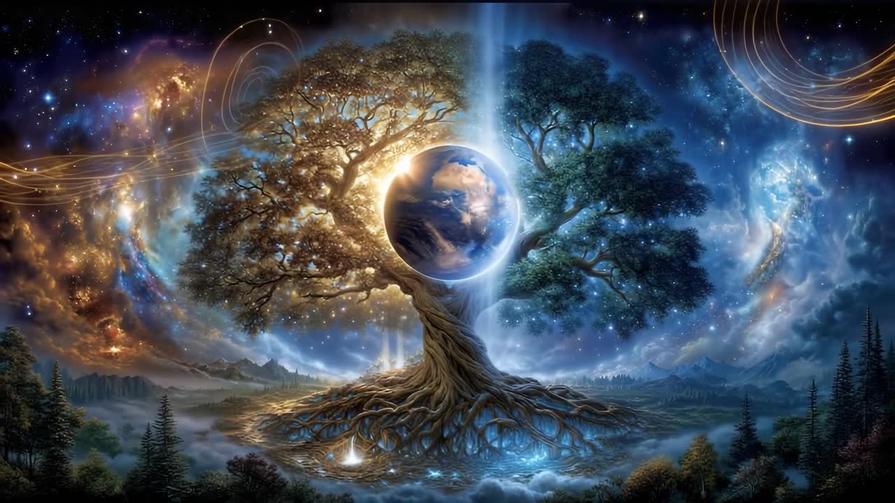 Cosmic tree connects earth and universe. A majestic tree stands with roots deeply embedded in the earth, surrounded by swirling galaxies and cosmic patterns.
