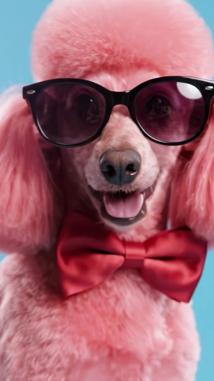 A stylish pink poodle sporting fashionable sunglasses and a fancy bow tie, showcasing a playful and vibrant personality against a bright blue backdrop.