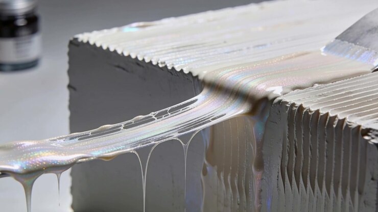 Landing on edge, metal spatula pulling pearl medium across ridged block at shop creating gloss