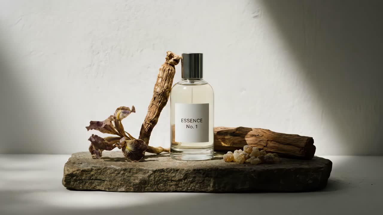 Flacone di profumo con essenza, radice di ginseng e fiori secchi