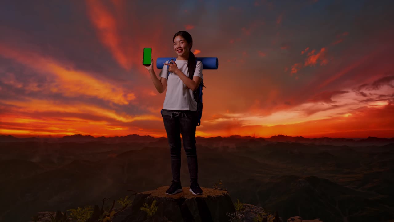 mujer con mochila en la cima de la montaña mostrando teléfono móvil al atardecer