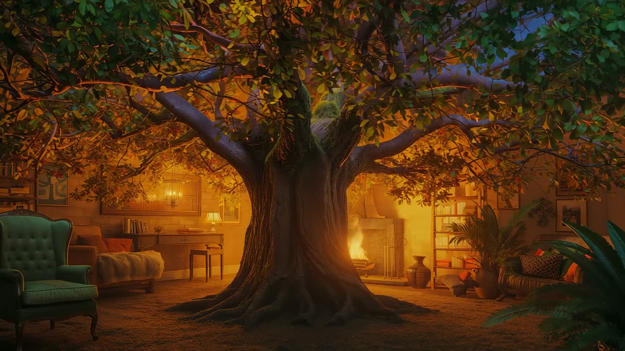 Flickering fireplace light dancing across large central tree trunk and taupe sofa in living room