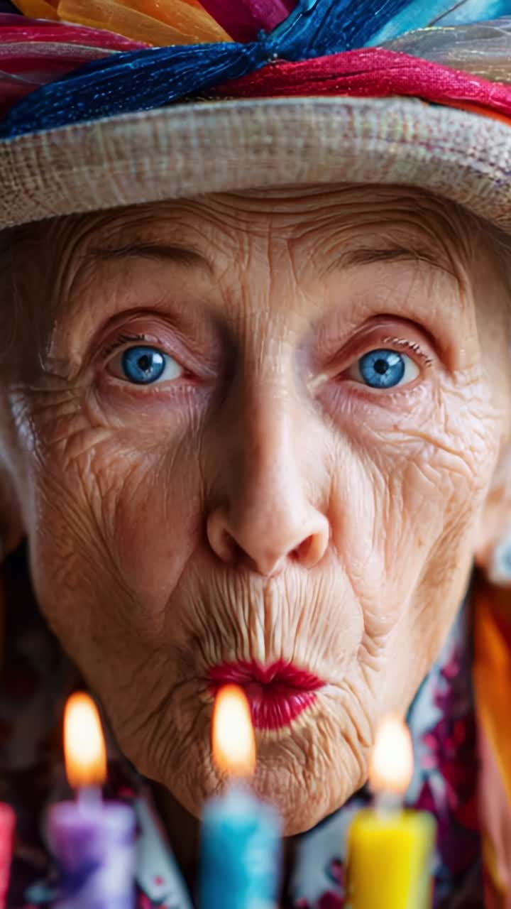 A Celebratory Moment of Surprise and Joy During a Special Event with Candles and Colorful Decorations in Focus on an Elderly Woman's Expression