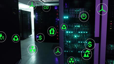 animation of eco icons and data processing over computer servers