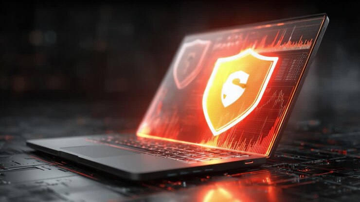 A Dynamic Digital Security Interface Displayed on a Modern Laptop, Illustrating Advanced Cybersecurity Measures, Protecting Data and Analyzing Network Activity Visualizations