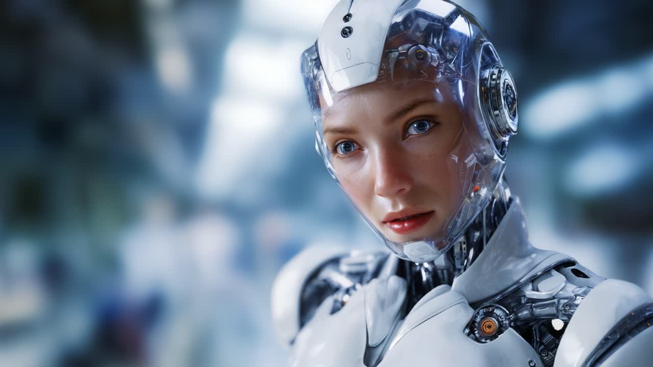 高度な機能を備えた未来的なヒューマノイドロボットと、現実的な表情。洗練された環境でテクノロジーと人間性の融合を紹介します。