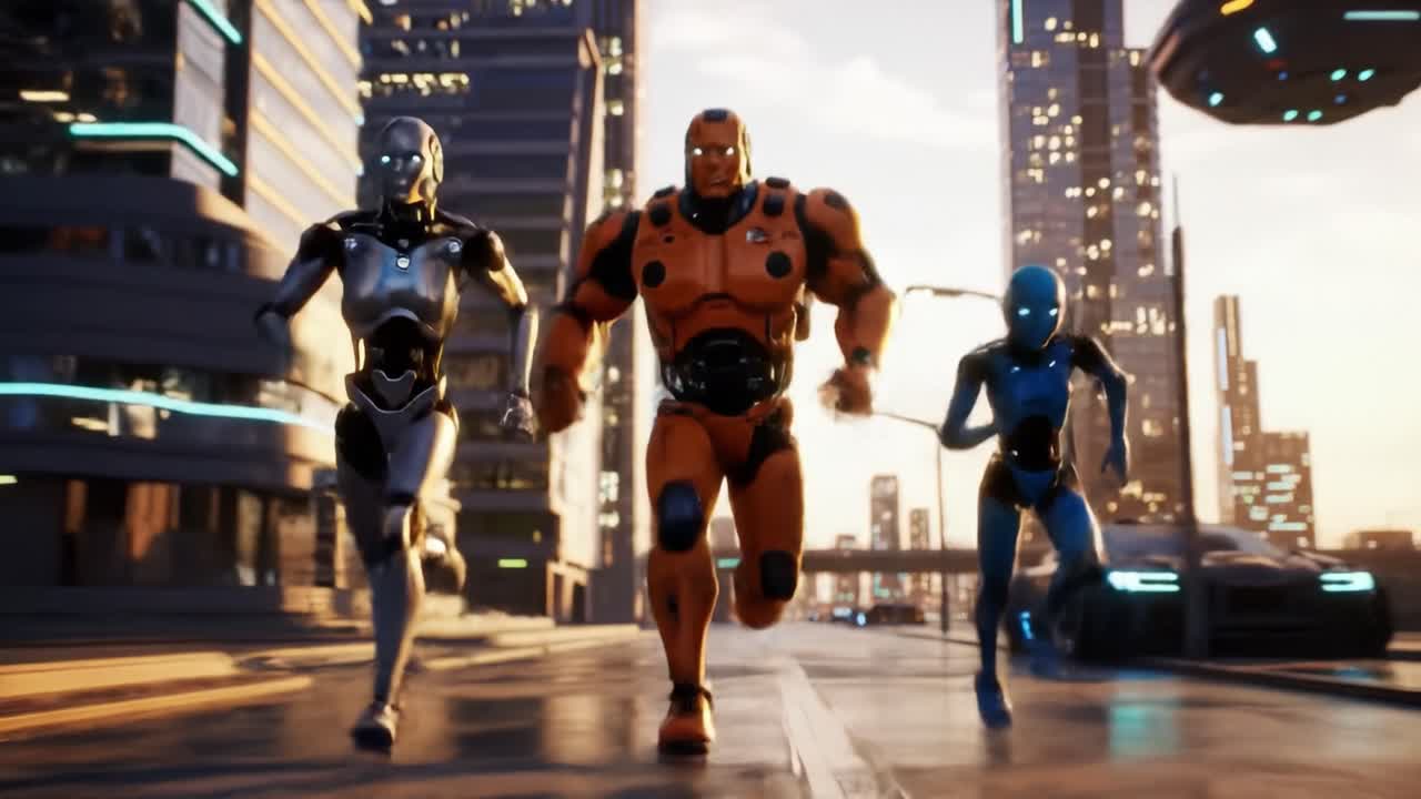 Three distinct robots sprint down a bustling city street during sunset, showcasing impressive designs against a backdrop of towering buildings and colorful skies.