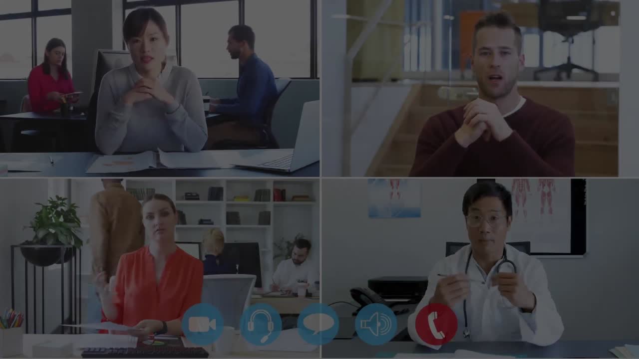 의사 및 비즈니스 사람들과의 비디오 통화를 통해 모양의 애니메이션