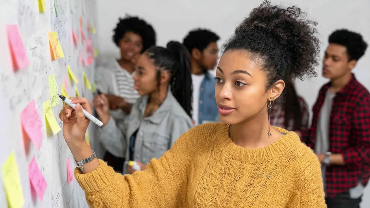 Engaging Collaboration: A Group Brainstorming Session with a Focused Individual Writing on a Wall of Ideas Marked with Colorful Sticky Notes