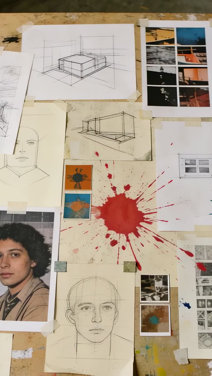 Video verticale: telecamera che effettua una panoramica su un collage incollato su un pannello, mostrando schizzi rossi e un ritratto.