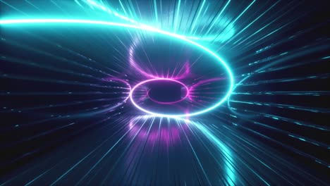 fondo de neón abstracto. renderizado en 3d espiral ultravioleta de neón se extiende a lo largo del corredor metálico. espiral hipnótica, espectro púrpura rojo azul, bucle sin costuras animación 4k