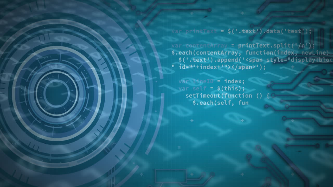 Animation of scope scanning and binary coding data processing over blue background