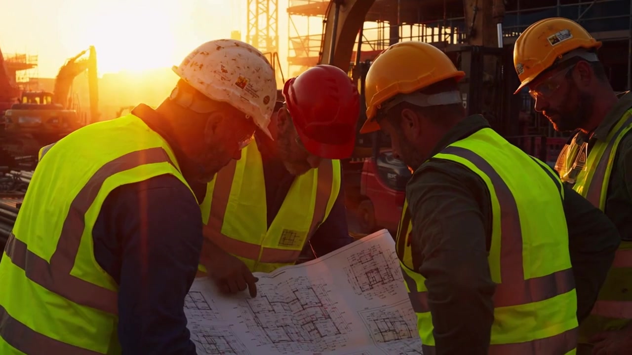 Four Workers In Yellow Vests Reviewing Large Paper Blueprint On Site At Sunset