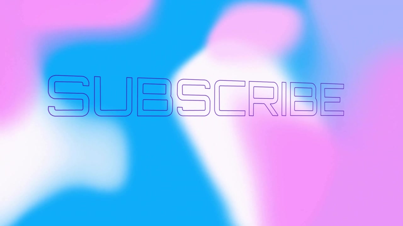 Neon purple outlined SUBSCRIBE text floating over pastel gradient shapes in flat design background