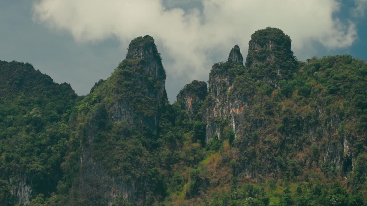 Tayland'daki Khao Sok Milli Parkı'nda berrak mavi gökyüzüne karşı yükselen yüksek kalker zirveler. Dramatik karst oluşumlarını ve doğal güzelliği sergileyen çarpıcı tropikal manzara