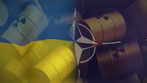 animation of flags of nato and ukraine over nuclear barrels