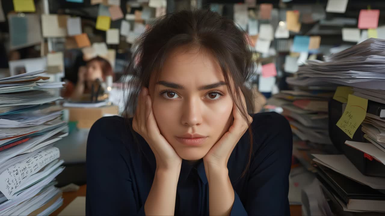 Exhausted Woman in Cluttered Office