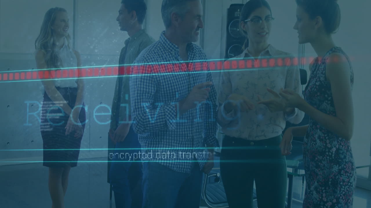 People discussing in office with encrypted data transfer animation overlay