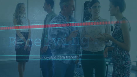 people discussing in office with encrypted data transfer animation overlay