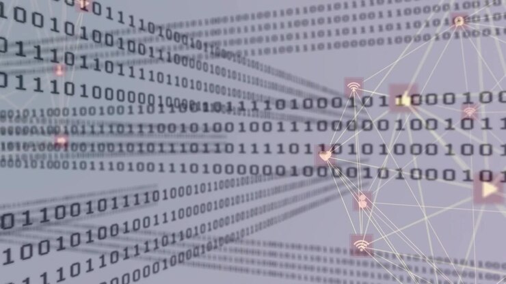 Digitaler Binärcode-Hintergrund mit verbundenen Netzwerkknoten.