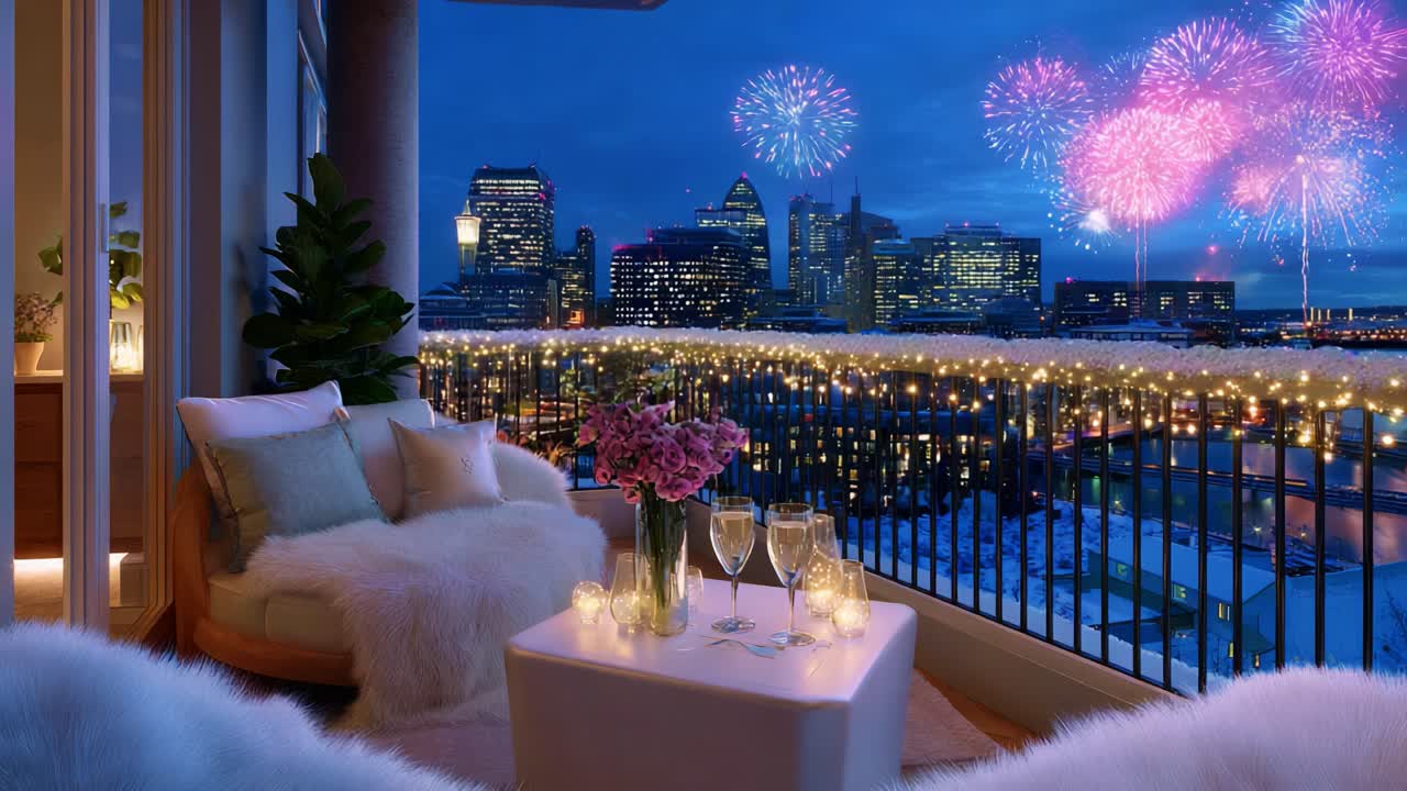 A Cozy Balcony Celebration with Romantic Ambiance Featuring Sparkling Fireworks Display Above a Vibrant Cityscape, Perfect for New Year's Eve or Special Events with Elegant Decorations and Drinks