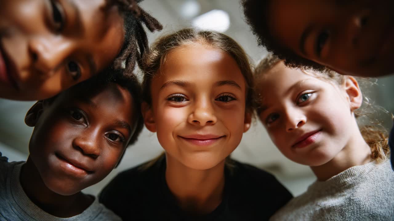 A joyful and vibrant group of children smiling together captures the essence of friendship and unity, showcasing their diverse expressions and playful camaraderie in a warm, engaging environment
