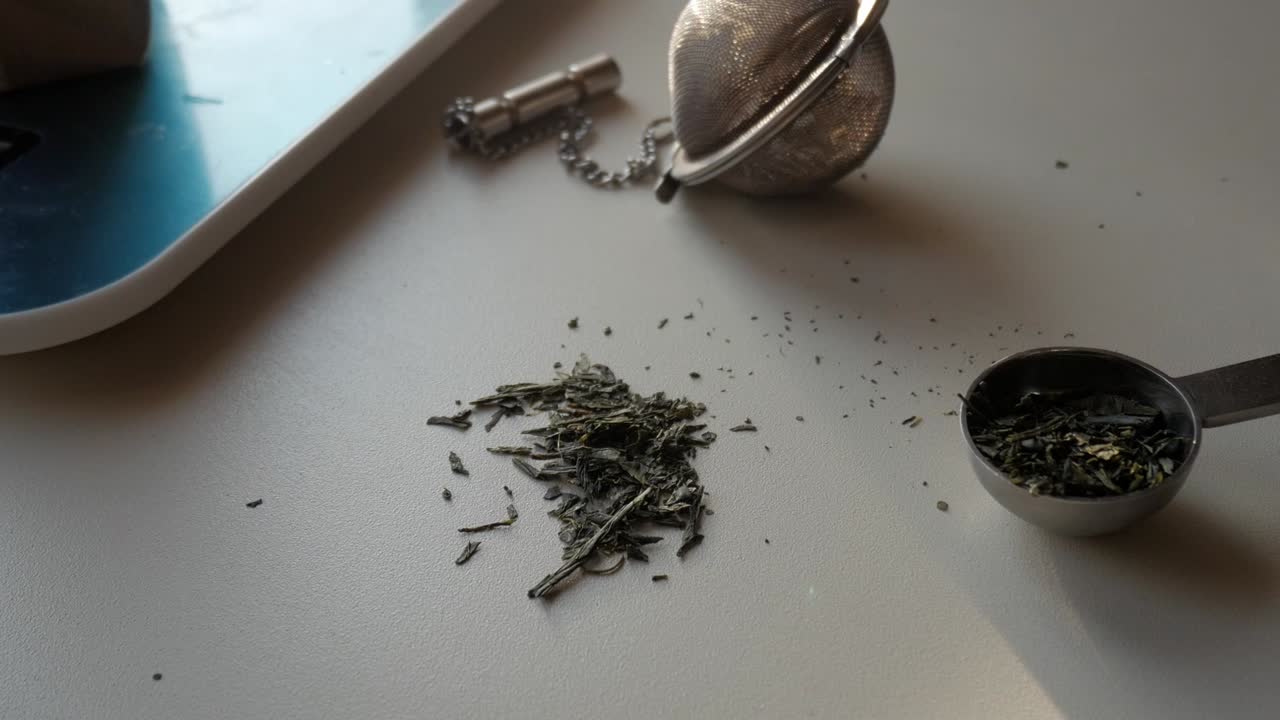 Freshly dried green tea leaves with a measuring spoon ready for brewing