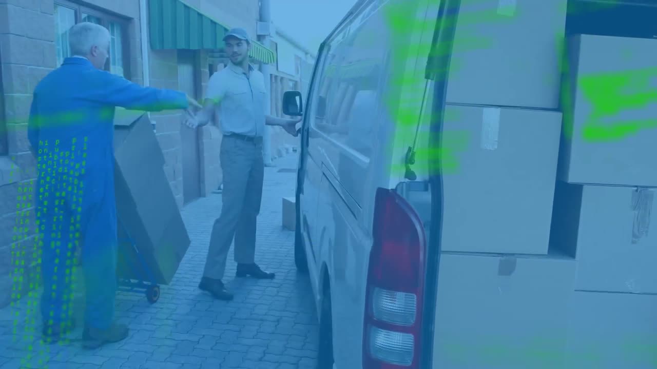 Data processing against caucasian delivery man shaking hands with senior male worker