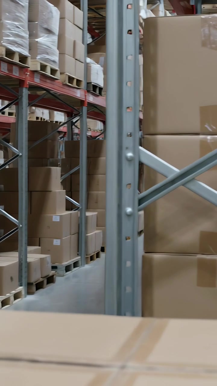 Video vertical: La cámara comienza un avance frontal, recorriendo el pasillo, enfocándose en etiquetas blancas en cajas.