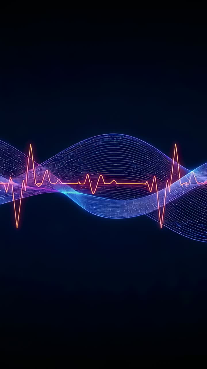 Video verticale: segnale pulsante mentre i fotogrammi si spostano, emettendo picchi ECG rossi su nastri blu su sfondo blu scuro