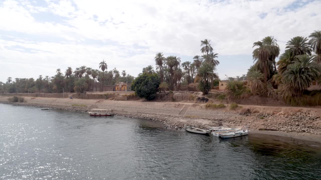 Small fishing town next to the Nile river with fishing boats and palm trees, Egypt.