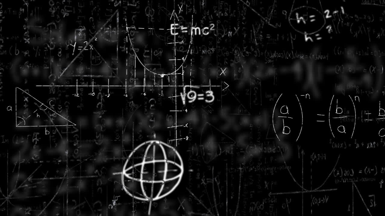 diagramas matemáticos y símbolos flotando contra ecuaciones matemáticas en un fondo negro