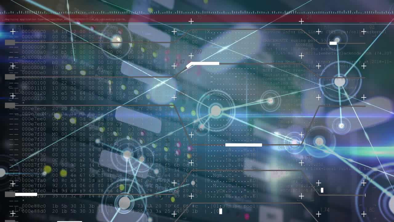 Animation of interface with data processing and network of connections over close up of a server