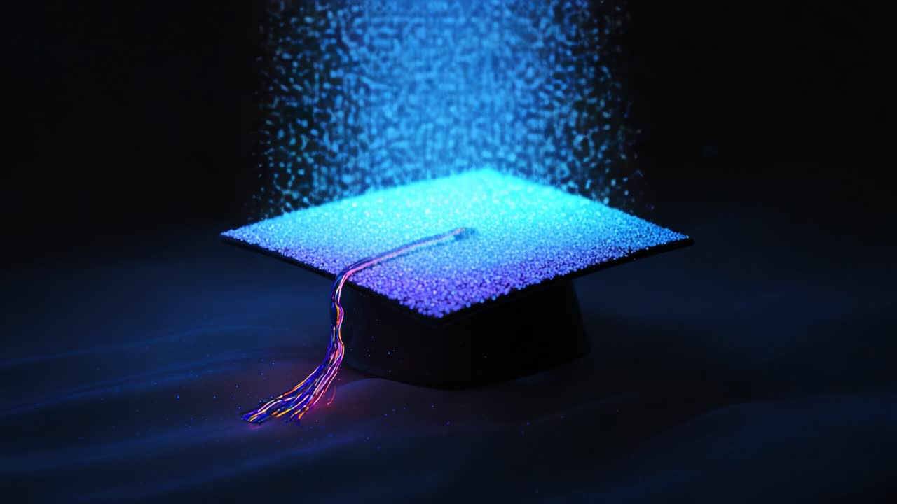 Un fantastico cappello da laurea illuminato da magici scintillii e turbinii di luce, che simboleggia il successo, la celebrazione e il futuro brillante che attende i laureati