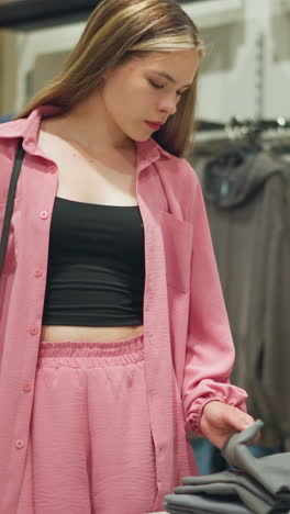 dama con una camiseta negra bajo un traje rosa y cargando bolsas de compras toca y examina la textura de la ropa de ceniza bien plegada en una mesa, con otras ropas dispuestas en el fondo
