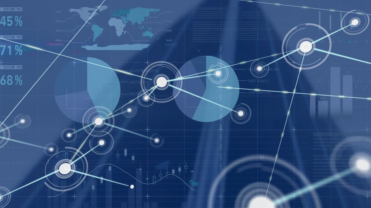 Animation of network of connections with digital icons statistics and data processing