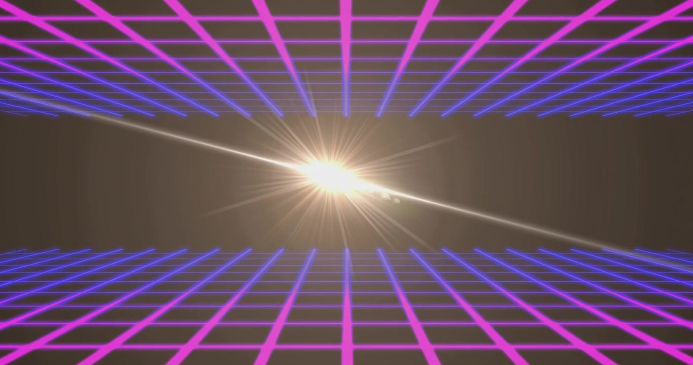 Diagonální pruh se objevuje vlevo, záblesk se pohybuje po neonové mřížce, vytváří odlesk objektivu, ukazující střed