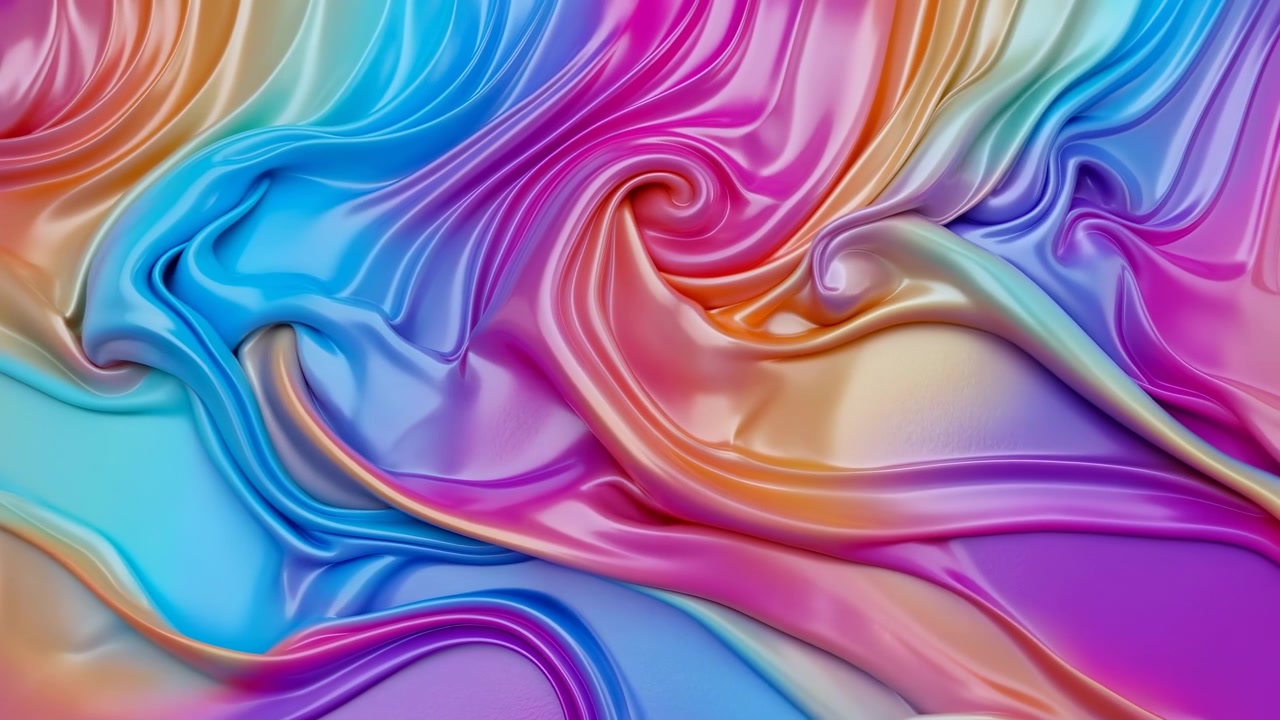 Bande luminose simili a liquidi si piegano, si allungano e si fondono continuamente in onde arrotondate e pieghe a spirale, creando una composizione marmorizzata lucida riempita con ciano, magenta, viola e oro saturi.