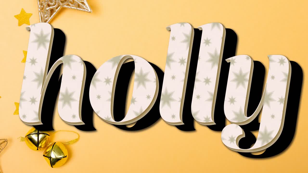 노란색 배경에 크리스마스 장식 위에 홀리 텍스트의 비디오