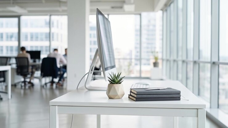 Interno di un ufficio moderno e luminoso con una scrivania bianca e un monitor di computer in uno spazio di lavoro professionale.